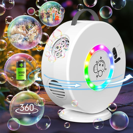 Bubble Machine for Kids Toddlers,90° 360° Auto Rotatable Portable Bubble Maker Toy for 3 4 5 Year