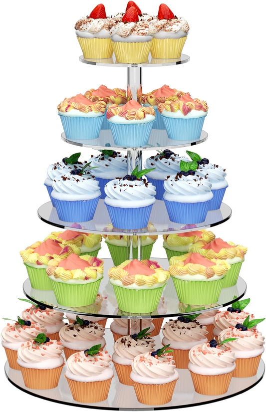 weddingwish 5 Tier Round Cupcake Stand for 50 Cupcakes, Acrylic Cupcake Display Stand, Clear