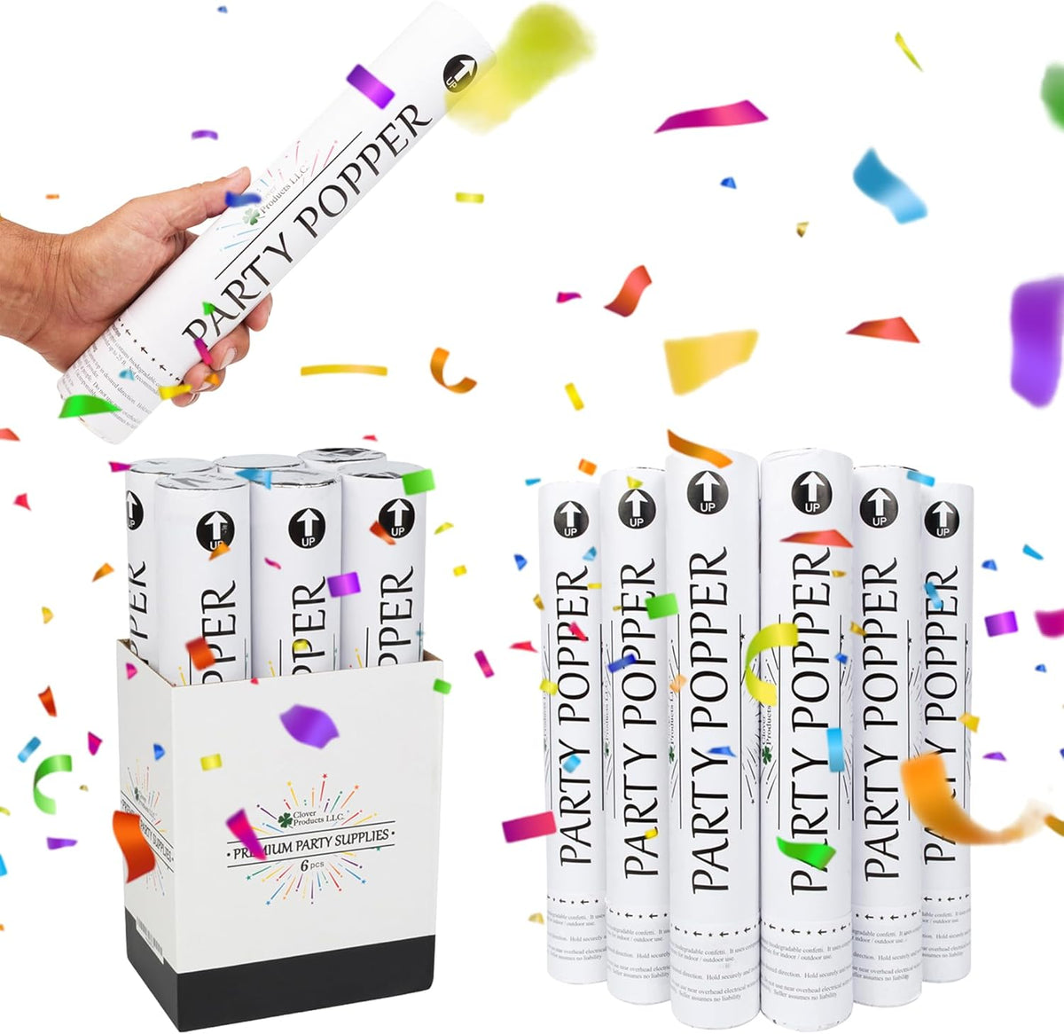 Clover Products 12" Biodegradable Confetti Cannons | 6 Pack Confetti Poppers for Weddings