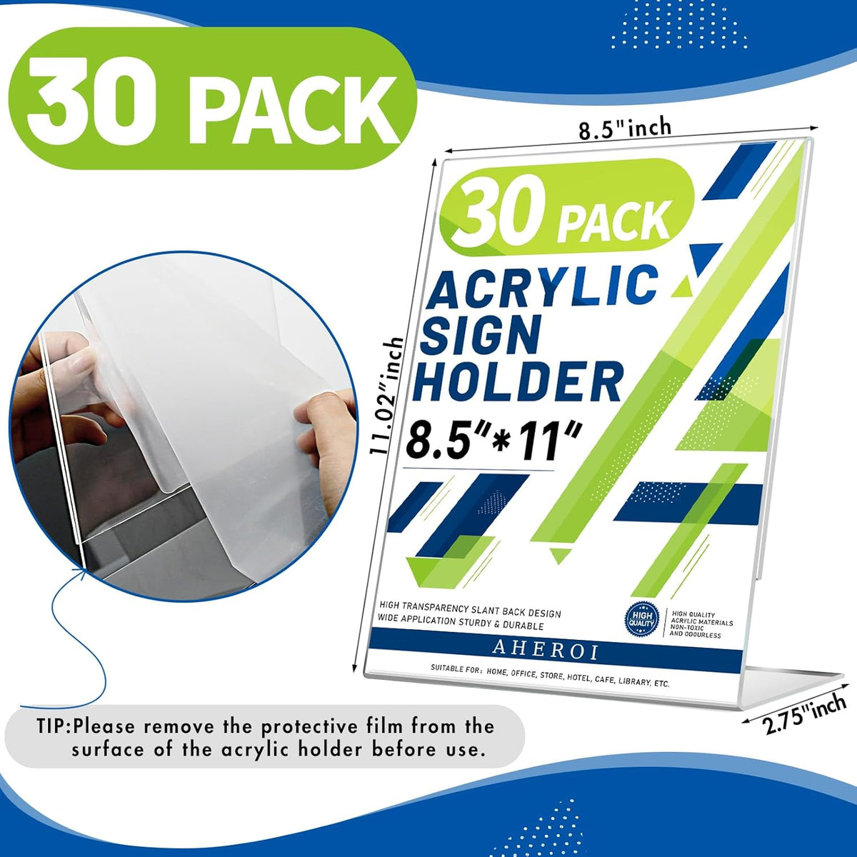 Aheroi Acrylic Sign Holder 8.5 x 11, 30Pcs Plastic Sign Holder 8.5 x 11 Standing, Clear Paper