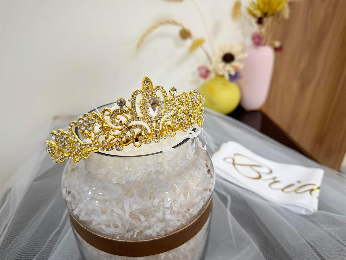 JETKONG 3 Pcs Bachelorette Party Decorations Bridal Shower Crown, Bride to Be Sash&Veil for Women