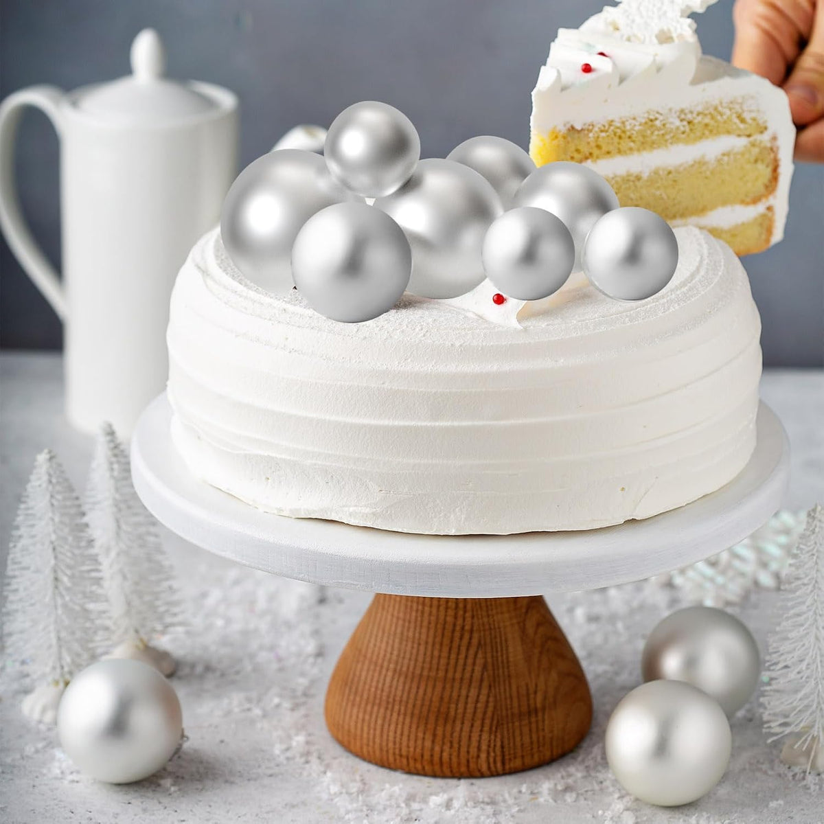 ASTARON 20 Pcs Ball Cake Topper Decorations Mini Balloons Cake Topper Sticks Silver Cake Balls for