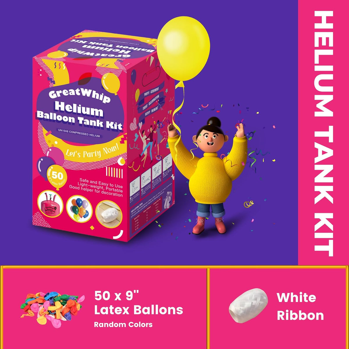 GreatWhip 13L Helium Tank Up To 50 Latex Balloons, 50 Pink Latex Balloons And Ribbons Included. (2