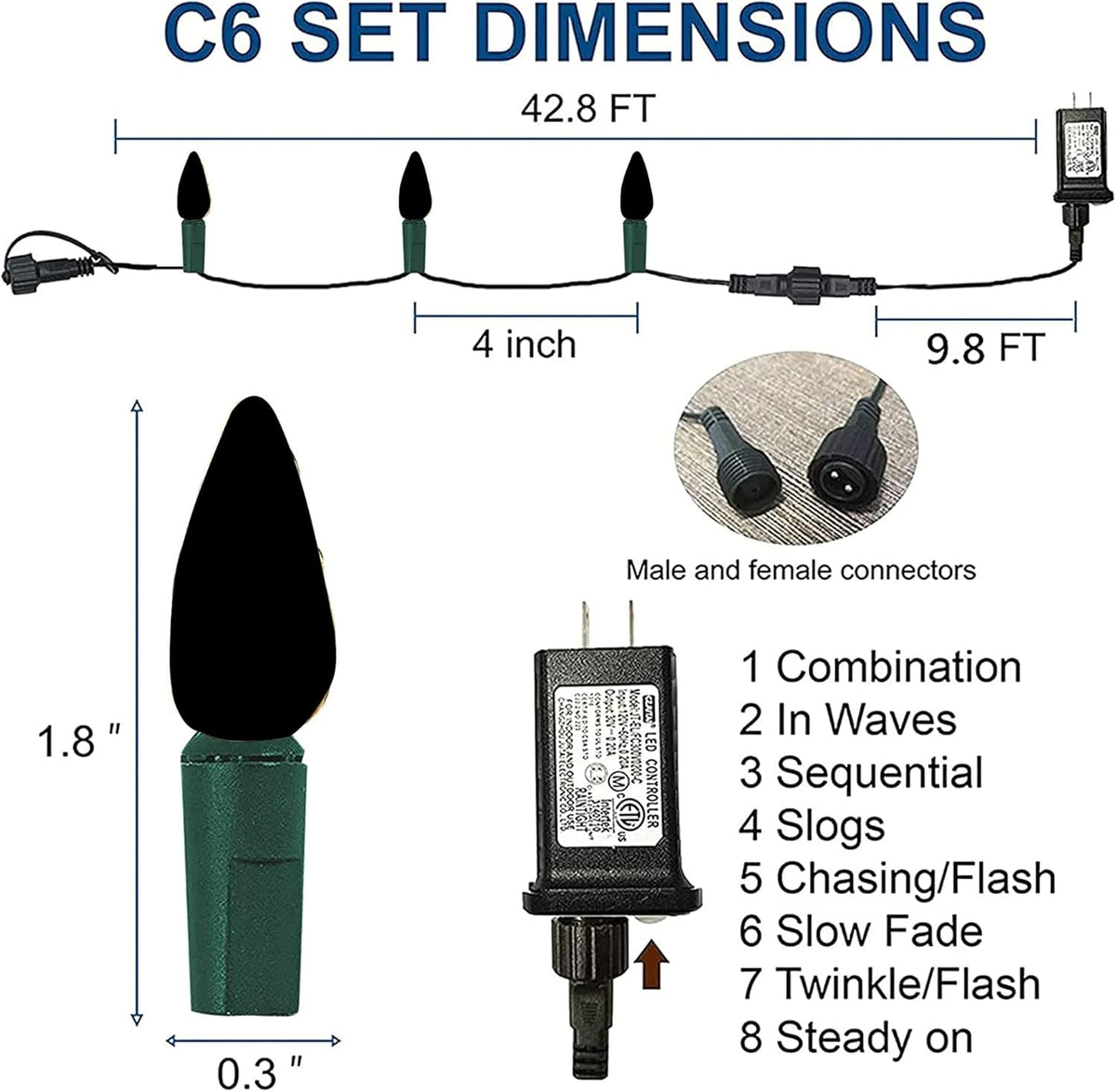 Dazzle Bright C6 Christmas String Lights, 100 LED 33 FT Outdoor Christmas Lights Waterproof