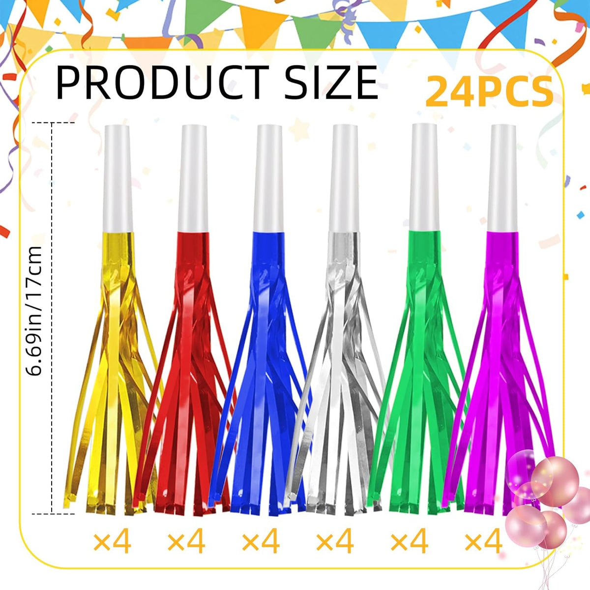 24 Pack Metallic Fringe Party Blowers - Kids Party Noise Makers,Party Blowers for Kids,Horns &