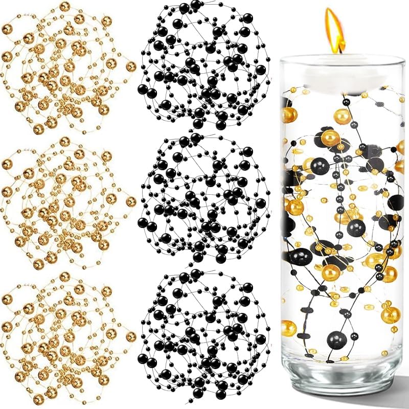 50 PCS Artificial Floating Beads for Centerpieces Vases, Black Gold 8+3mm String Beads for Wedding