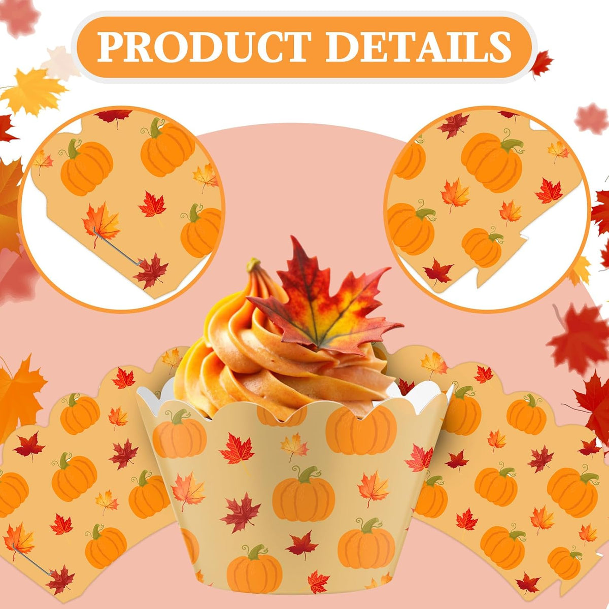 Domensi 100 Pcs Fall Pumpkin Maple Leaf Cupcake Wrappers Rustic Cupcake Liners Thanksgiving Baking