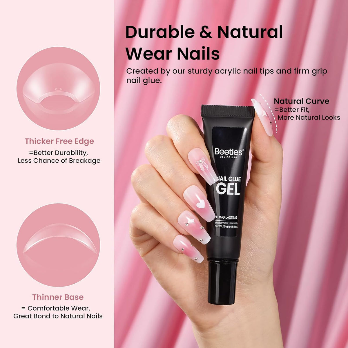 Beetles Gel Nail Kit Medium Coffin with Nail Dehydrator and Primer, 576Pcs Half Matte Etch-X Gel