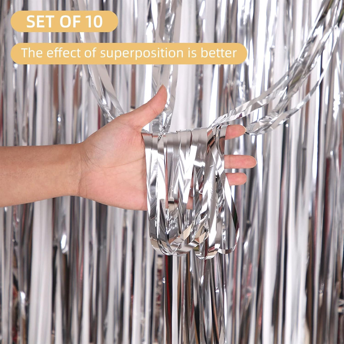 10 Pack Silver Backdrop Curtain 3.2ft x 8.2ft Metallic Tinsel Foil Fringe Curtains Photo Booth