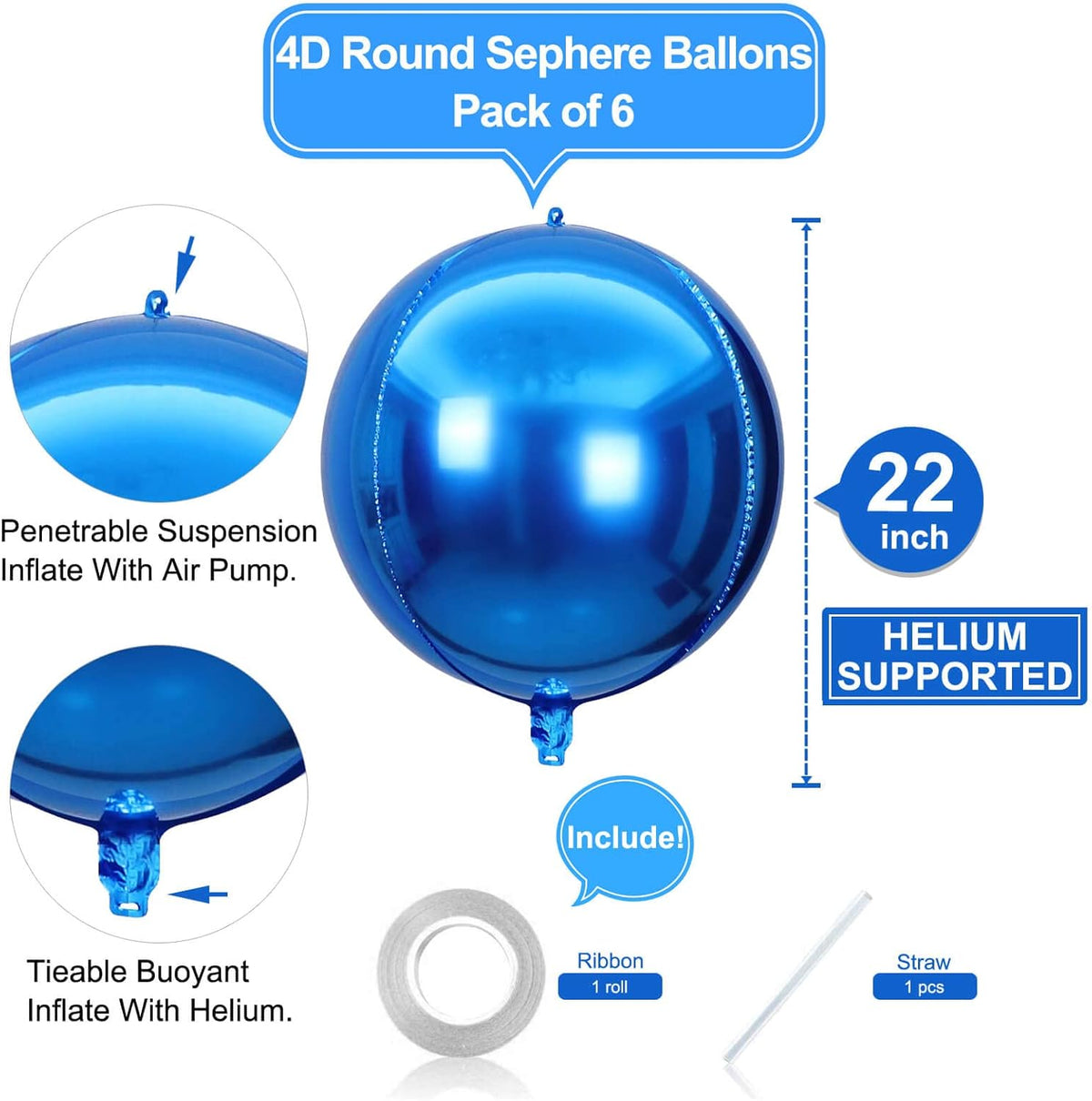 LHOAVWE 6 Pack Blue 22 Inch 4D Big Round Foil Balloons for Wedding, Birthday, Bridal Shower, Baby