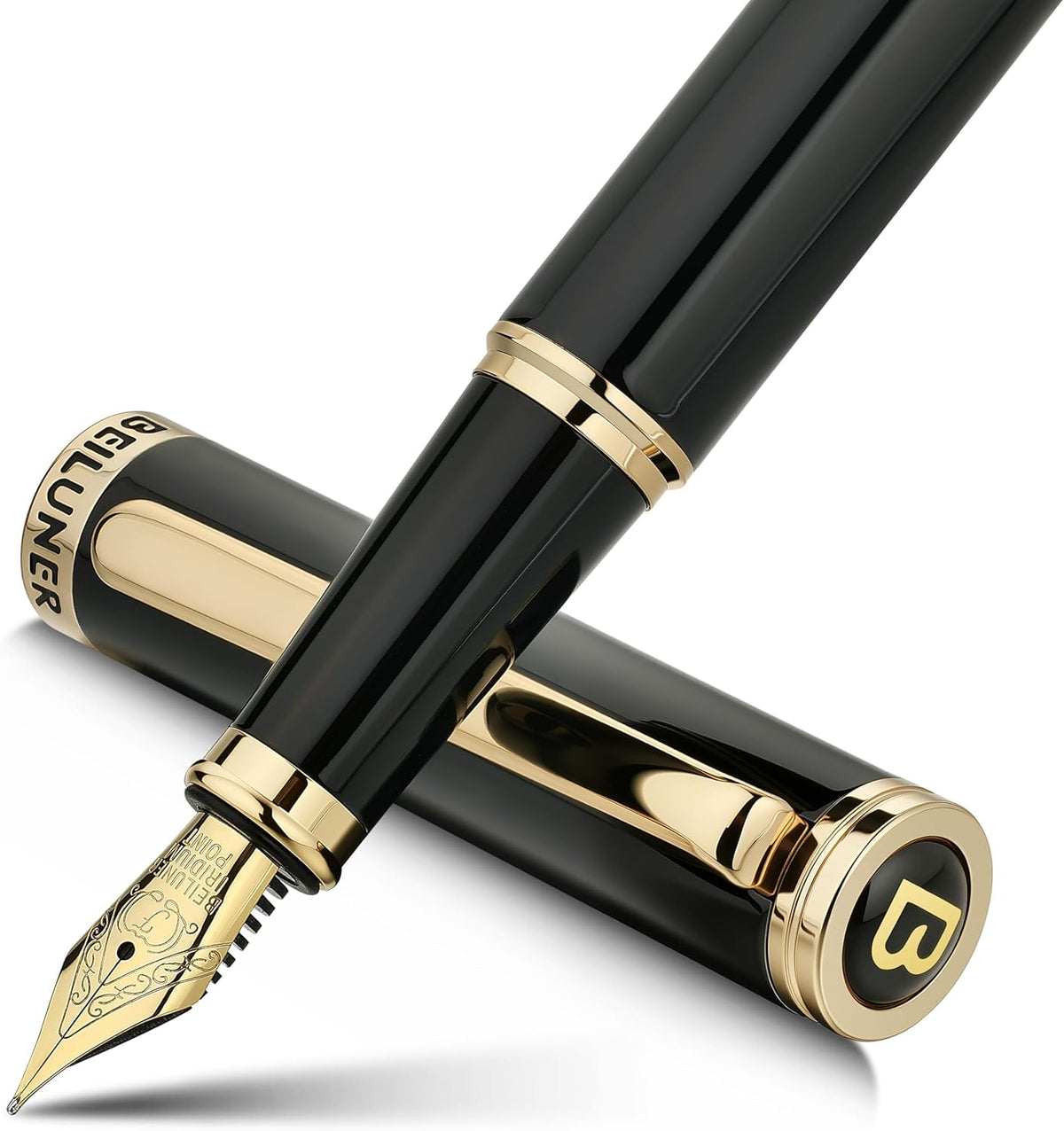 BEILUNER Black Fountain Pen,Stunning Luxury Pens with 24K Gold Accents, Gorgeous 24K Gilded