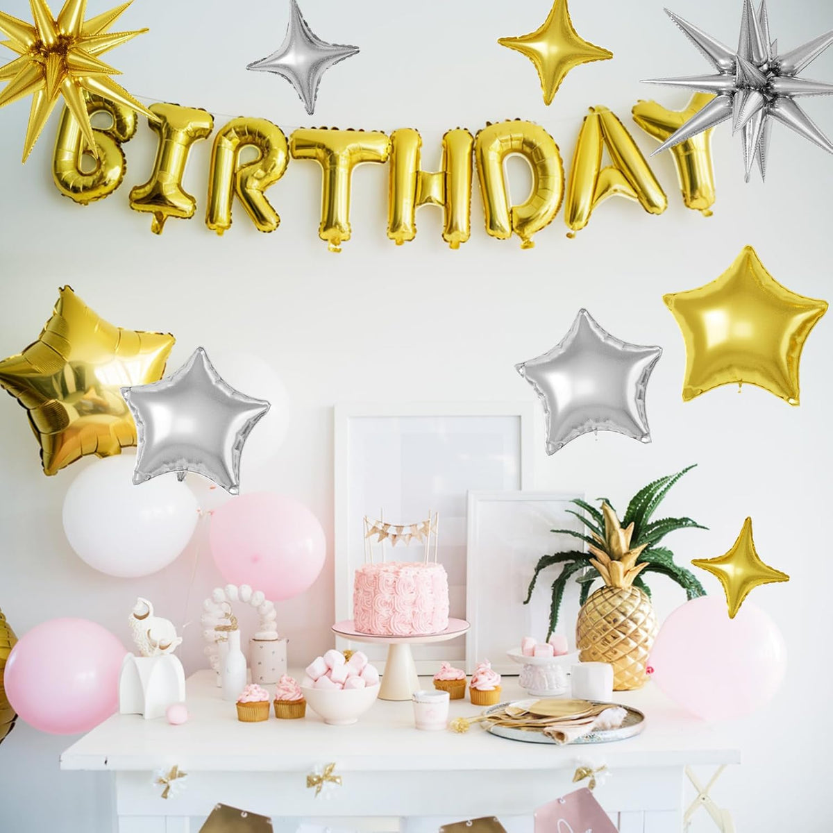 16 Pcs Gold Silver Star Balloons, 22/18/10 Inch Foil Balloons, Four-Pointed Balloon for Kids Men