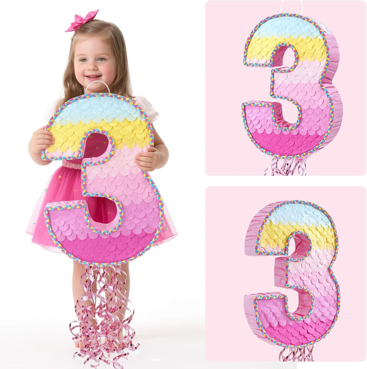 WERNNSAI Pink Sweet Three Pinata - Number 3 Pinata Happy Birthday Decoration Pink Rainbow Design