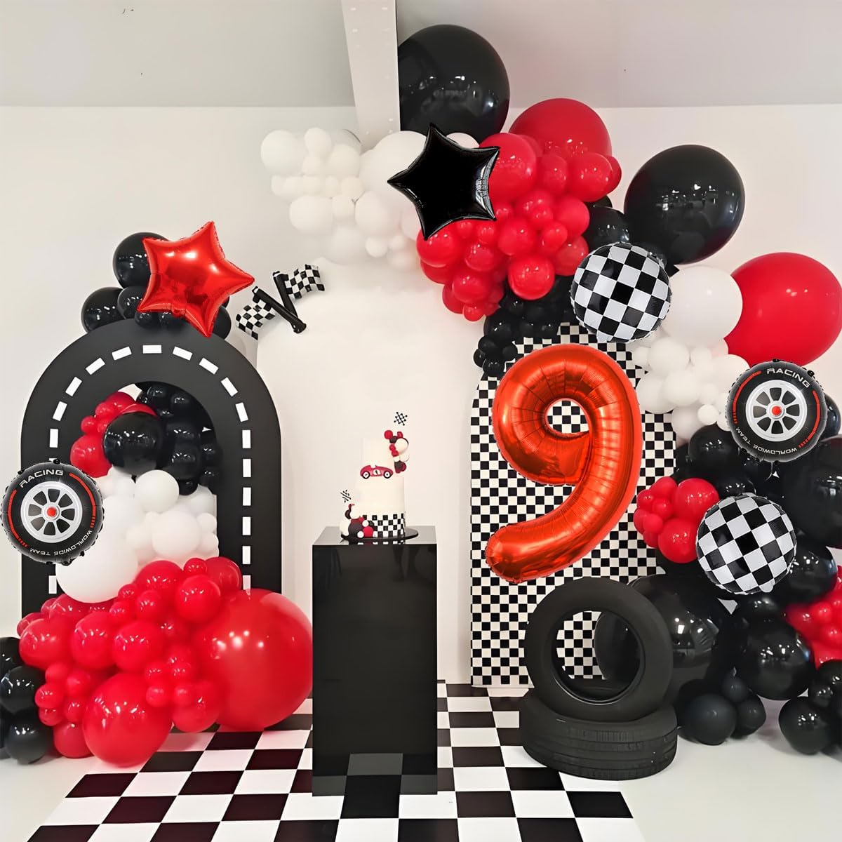 Race Car Birthday Party Decorations - 40 Inch Mylar Red Number 9 Balloons - Black Foil Checkered