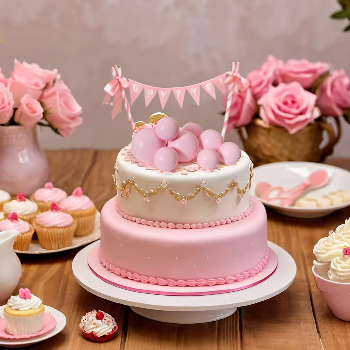 ASTARON 20 Pcs Ball Cake Topper Decorations Mini Balloons Cake Topper Sticks Light Pink Balls Cake