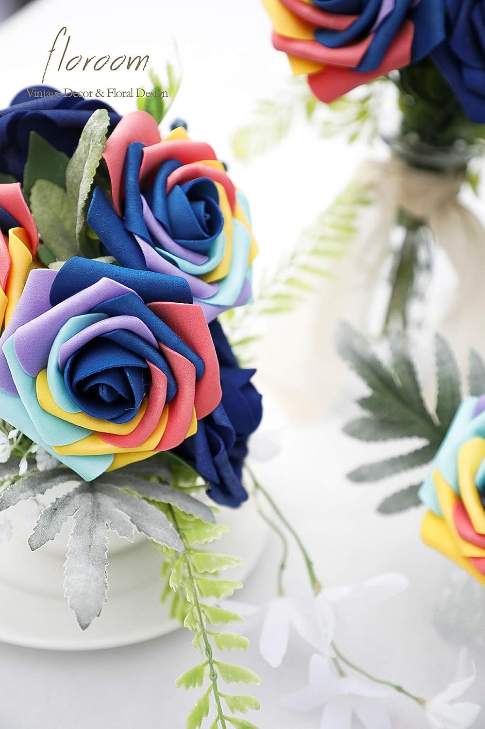 Floroom Artificial Flowers 25pcs Real Looking Whimsical Blue Foam Fake Roses with Stems for DIY
