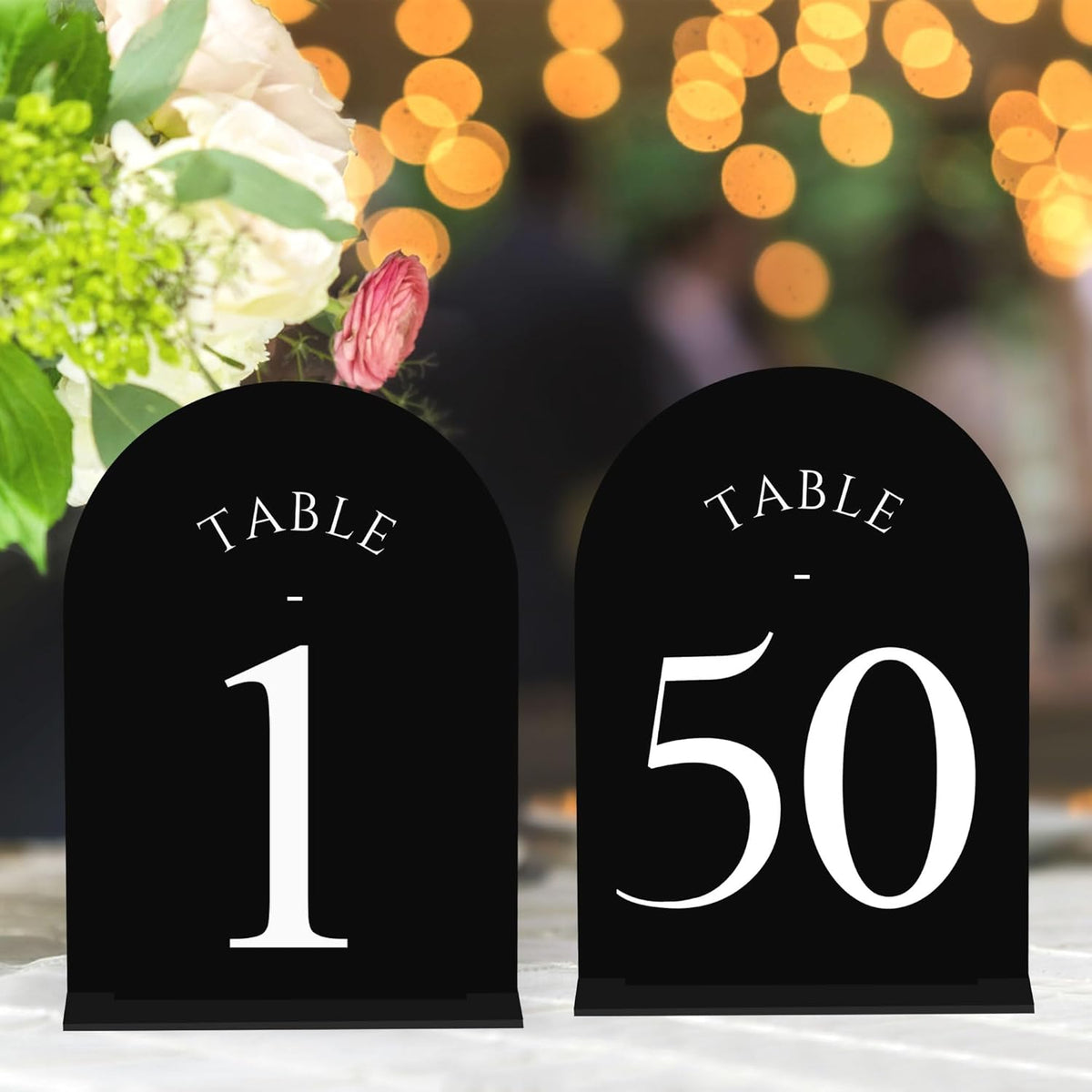 JOYIT Arch Wedding Table Numbers 1-50 with Stands Double-Sided Printed 5" X 7" Acrylic Table Signs