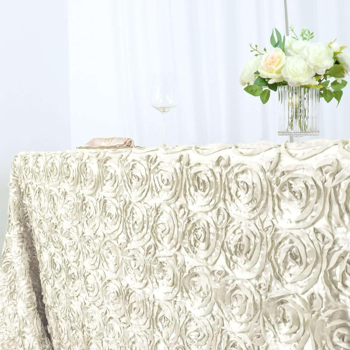 Efavormart 90"x156" Wholesale Rectangle Table Cover Ivory Grandiose Rosette 3D Satin Tablecloth for