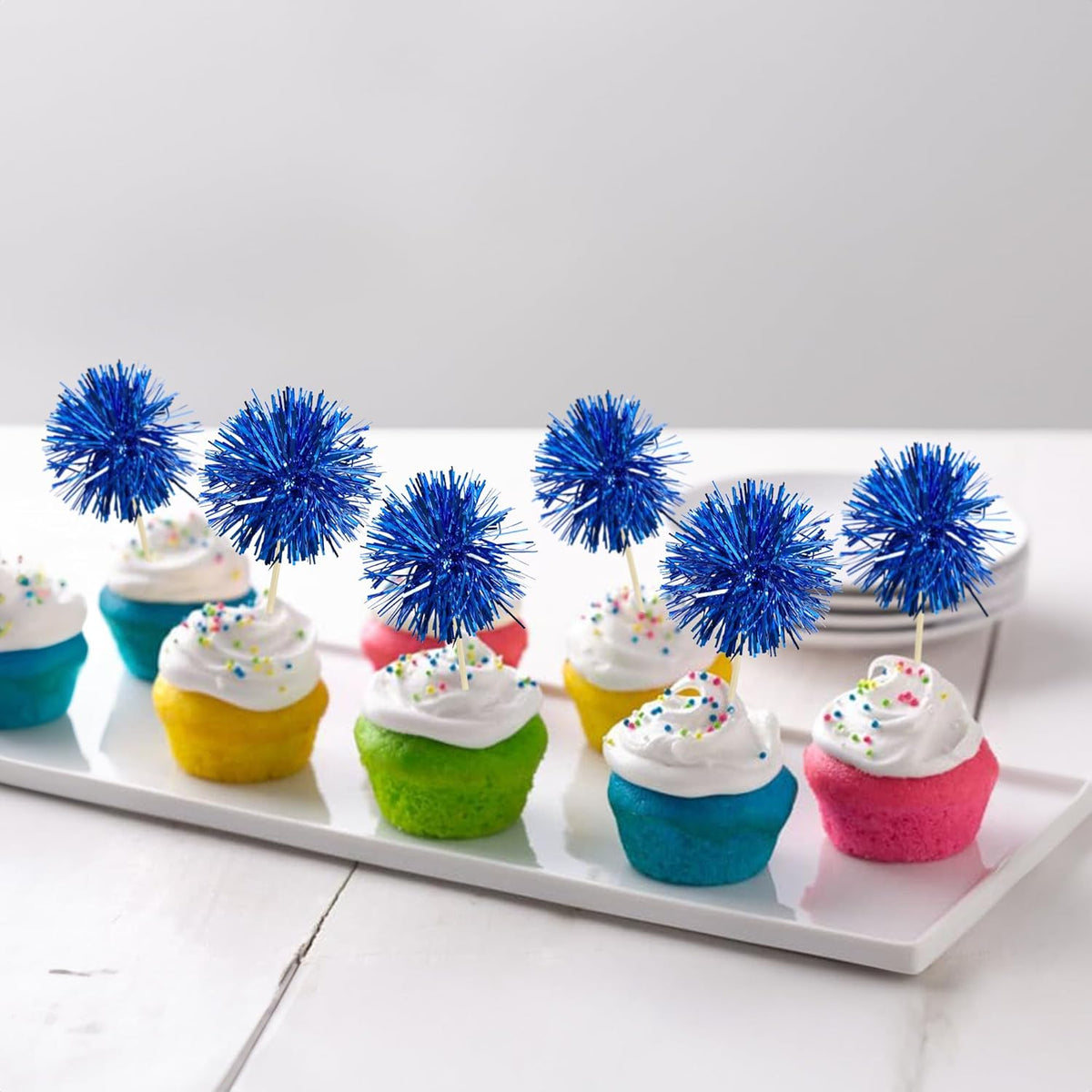 Gyufise 30Pcs Foil Firework Cupcake Toppers Sparkle Tinsel Cake Toppers Tinsel Drink Cake
