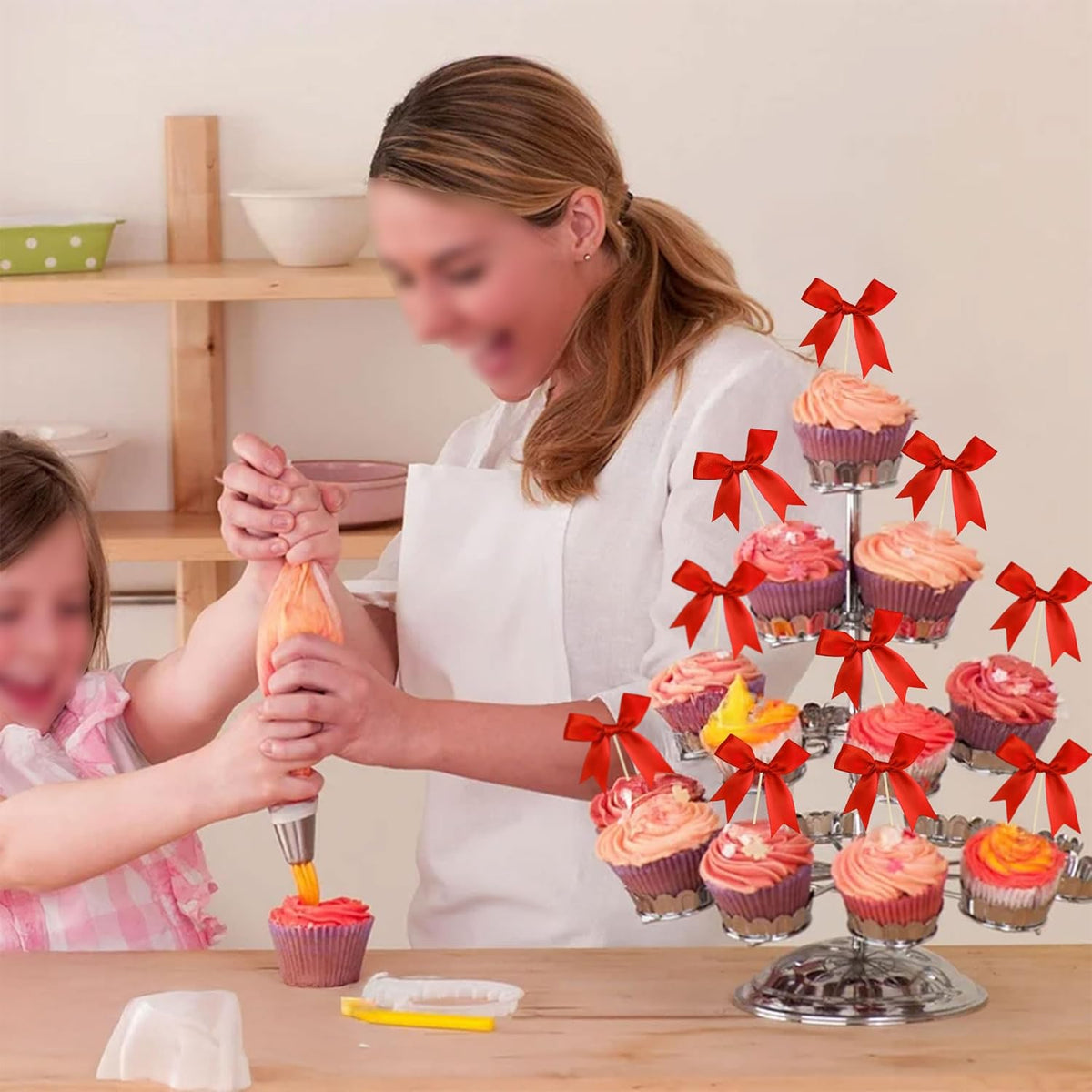 Ephlyn 24Pcs Red Bow Cupcake Toppers Bow Cake Topper Birthday Decorations Mini Bowknot Cupcake