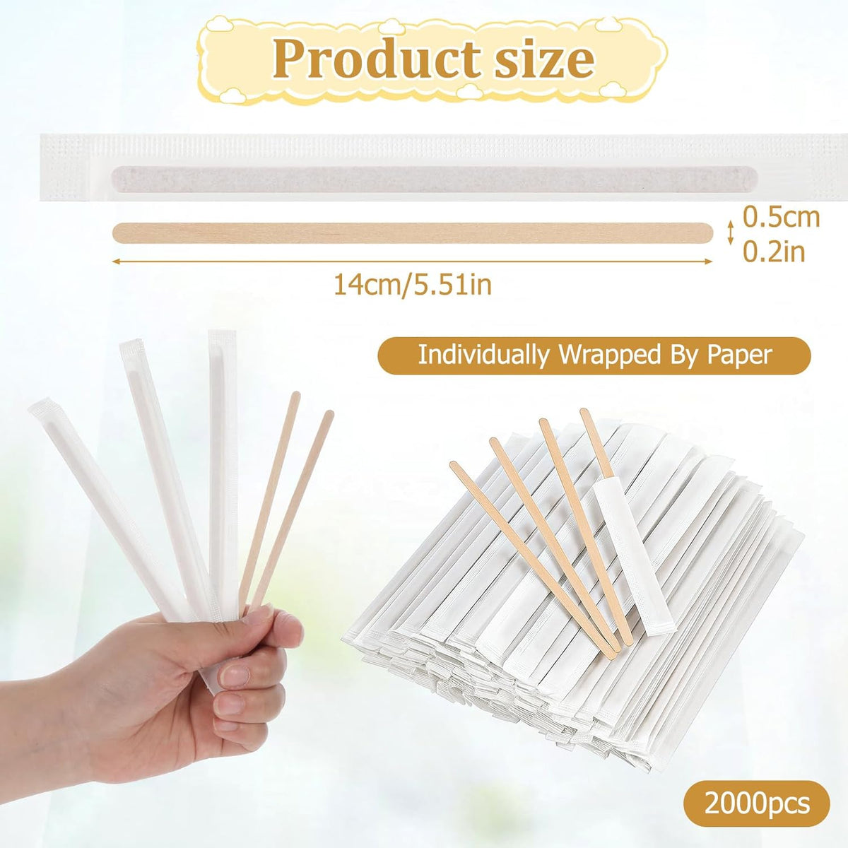 2000 Pcs Individually Wrapped Wooden Coffee Stirrers 5.5 Inch Disposable Wood Stir Sticks, Round