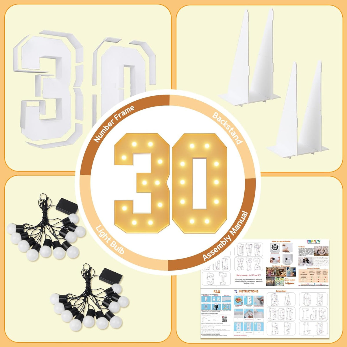 imprsv 4FT Light Up Numbers, Marquee Numbers 30th Birthday Decorations for Women, Men Foam Board
