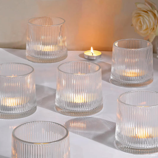 DARJEN Clear Ribbed Tealight Votive Candle Holders- 6Pack Glass Candle Holders for Table