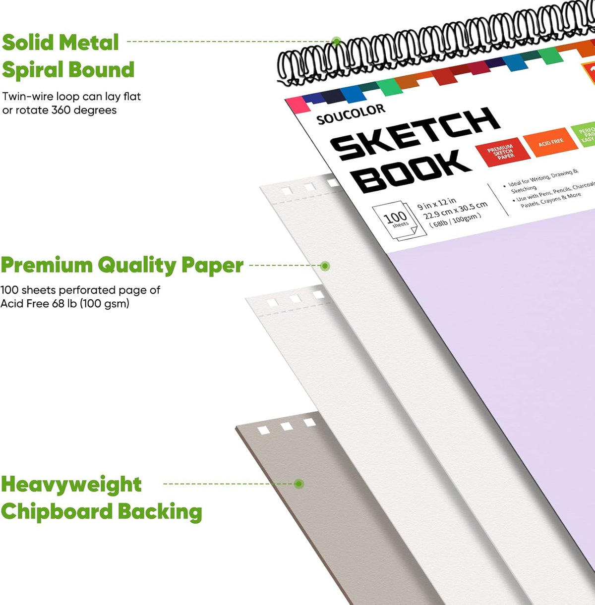 Soucolor 9" x 12" Aesthetic Sketch Book, 1-Pack 100 Sheets School Supplies Cute Sketchbook for