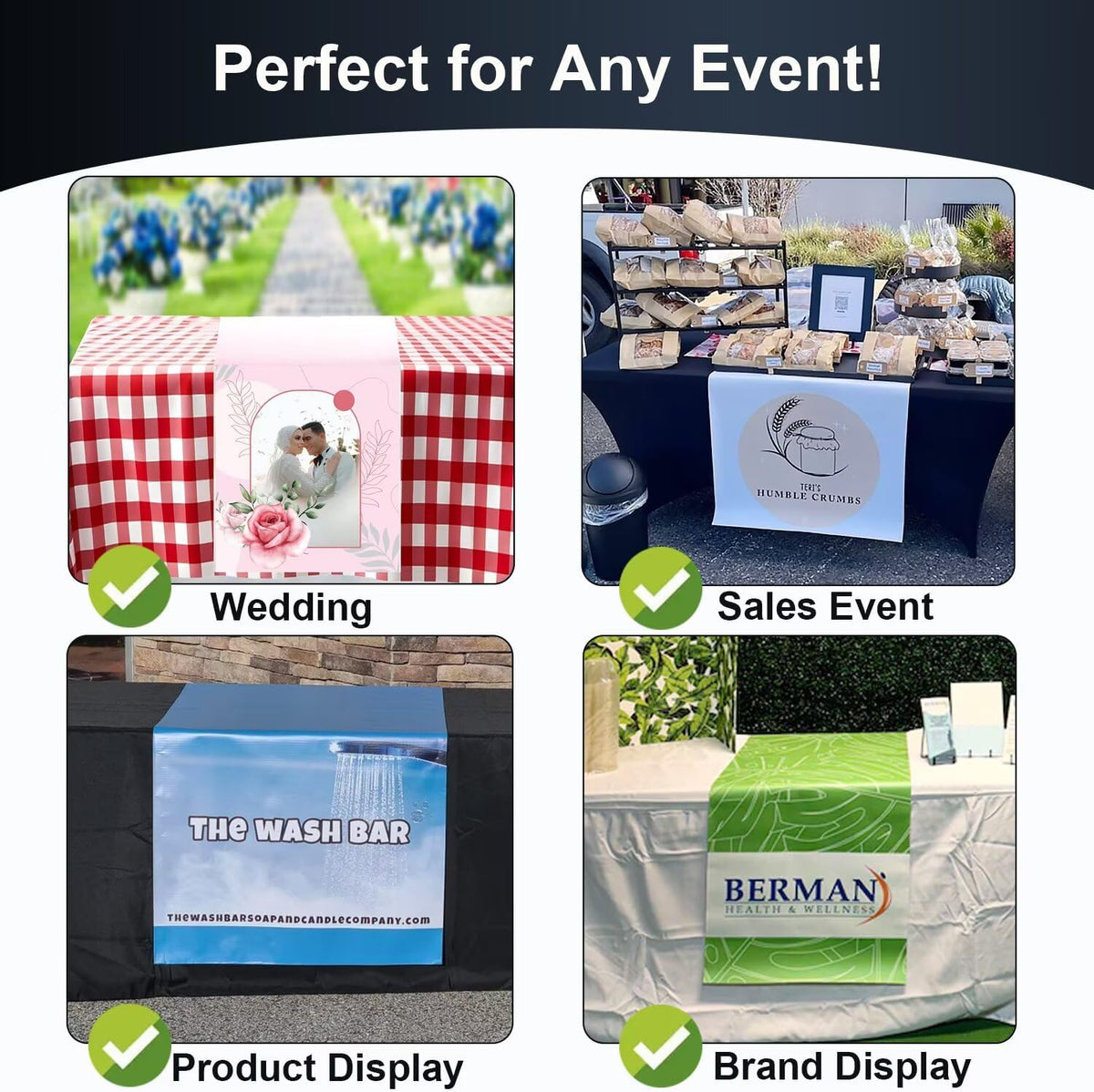 Made in USA - Custom Table Runner with Business Logo 12"x72" to 36"x72", Personalized Table Banner