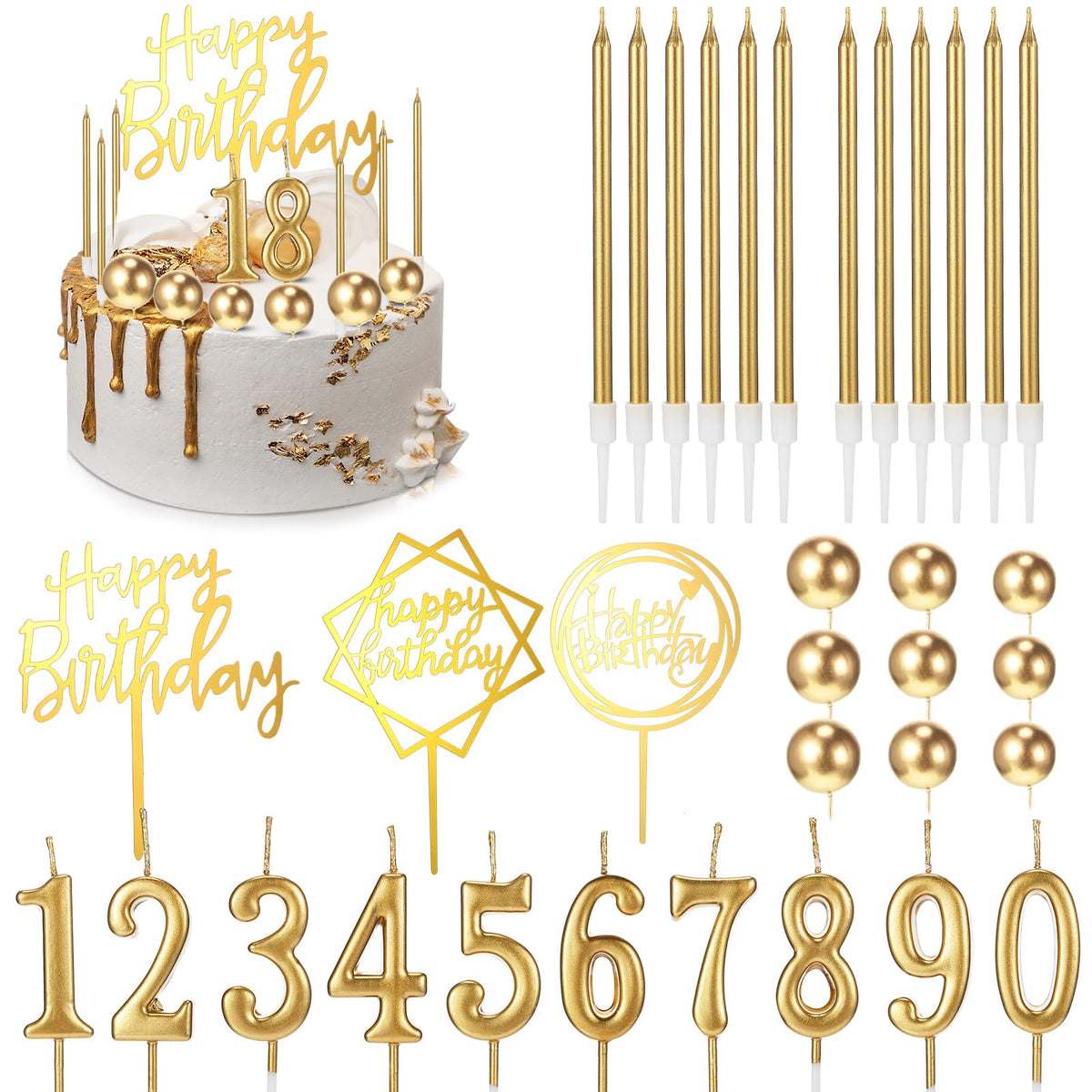 Yerliker 34 Pcs Happy Birthday Cake Toppers Decorations Birthday Candles DIY Cake Decor for Men