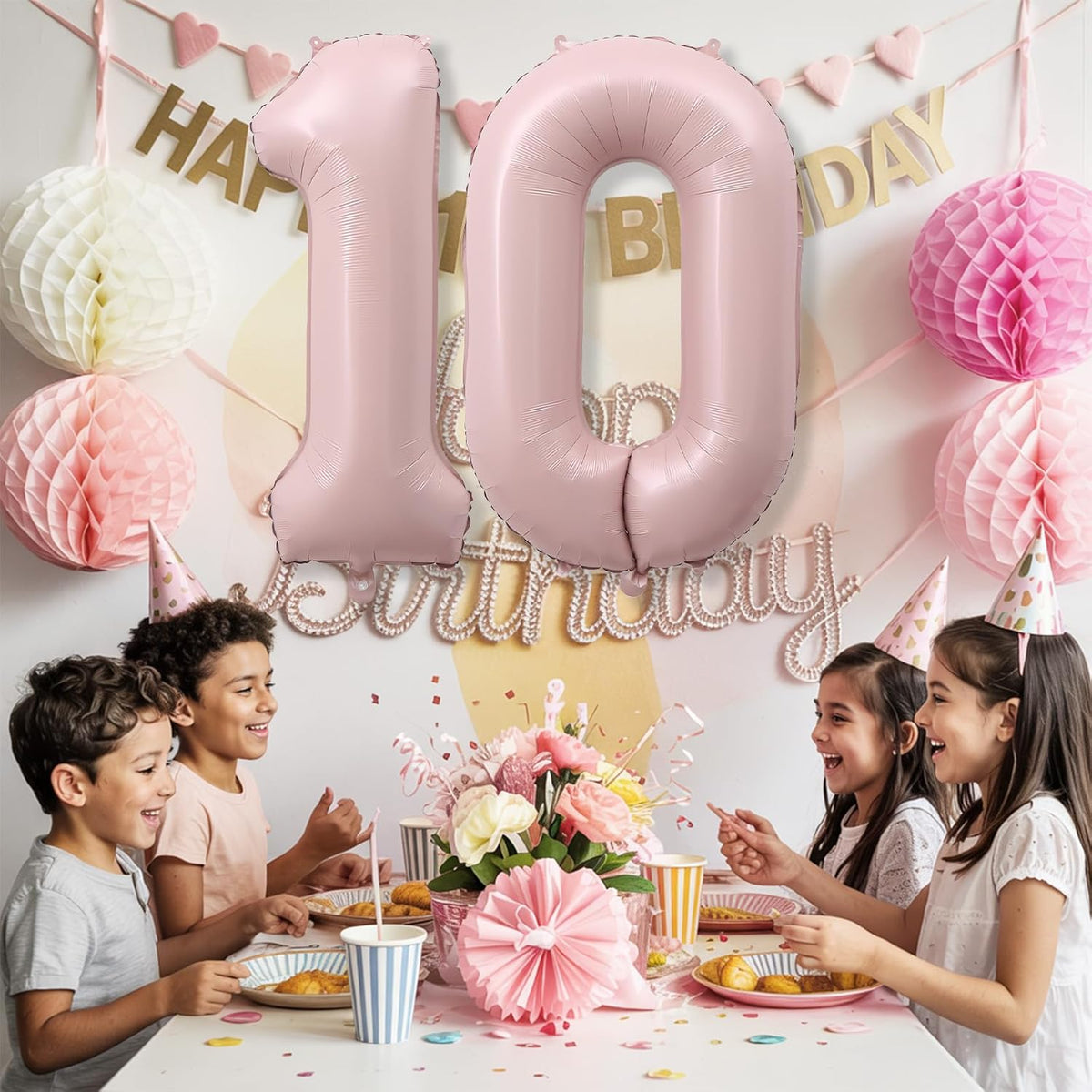 Pastel Pink Balloons Number 10, 40 Inch Foil Number 1 & 0 Balloons for 10 Year Old Birthday