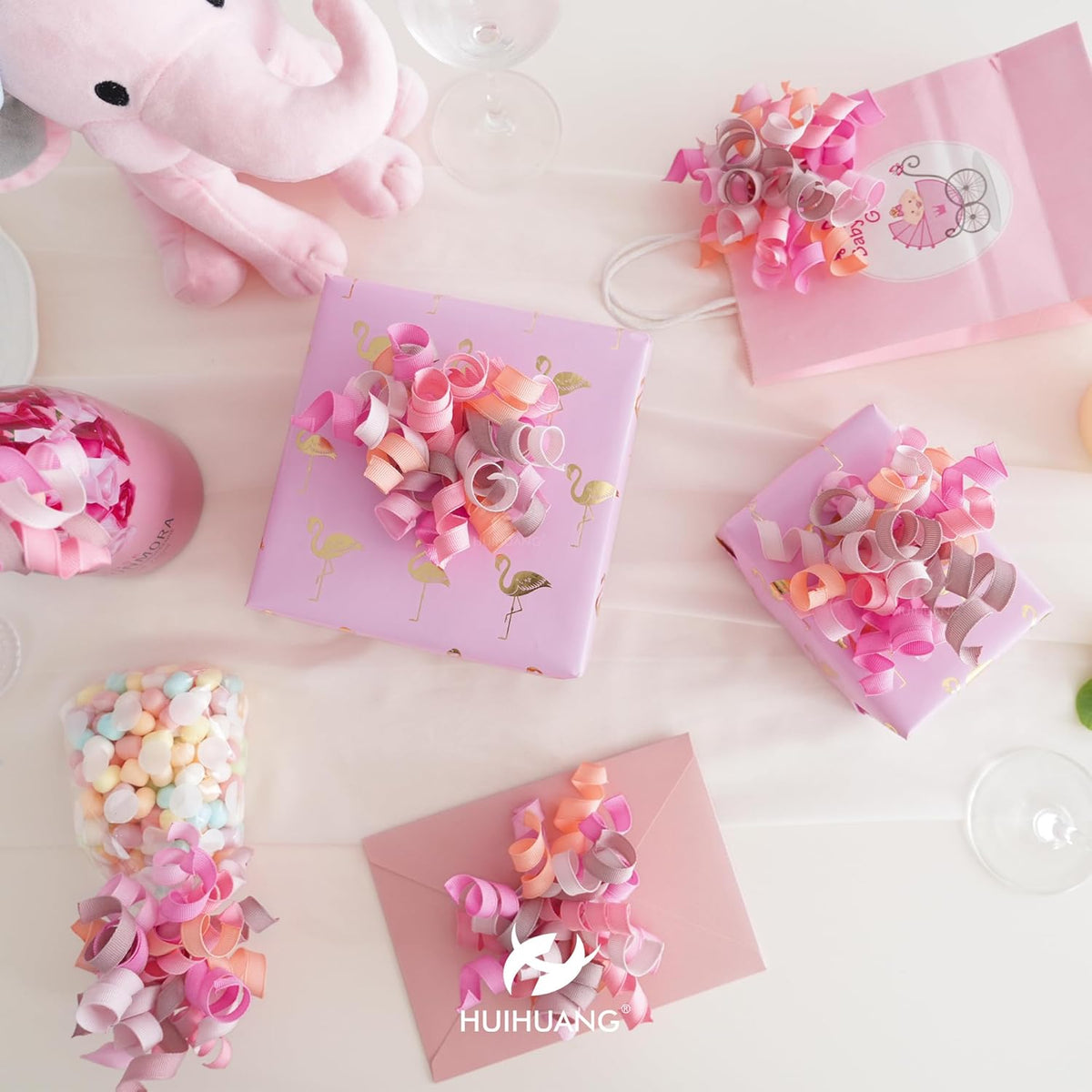HUIHUANG Dusty Pink & Rose Bows for Gift Wrapping, Self-Adhesive Curly Ribbons for Presents, Wine