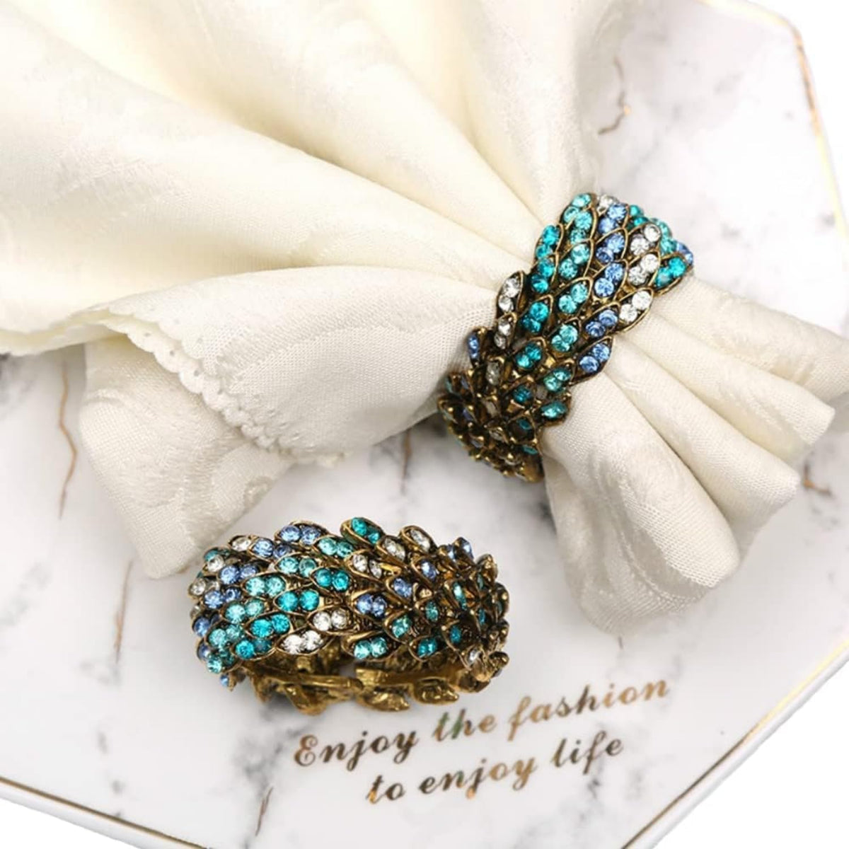Jeweled Napkin Rings Set of 6 - Vintage Metal Crystal Rustic Peacock Napkin Ring Holders for