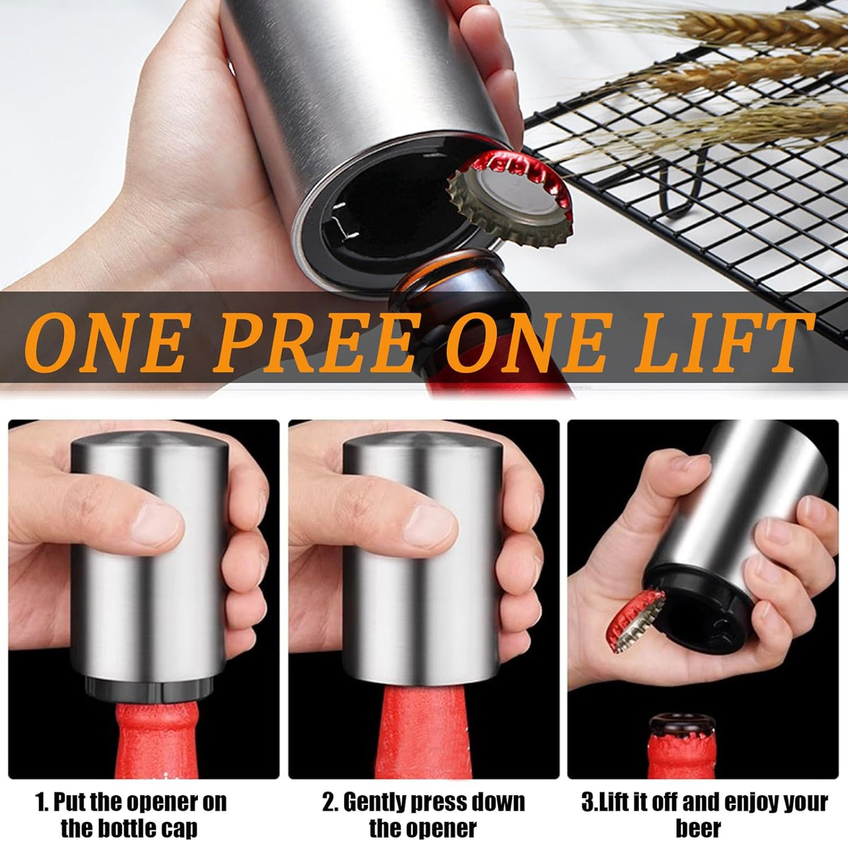 Premium Automatic Beer Bottle Opener (Stainless Steel), No Damage to Caps, Portable Push Down and