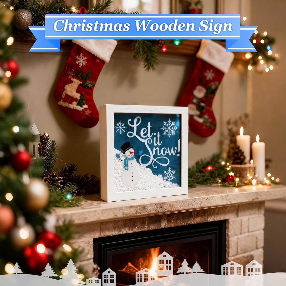 Christmas Wooden Tabletop Sign Blue Snowman with Snowflake Block Sign Xmas Table Centerpiece for