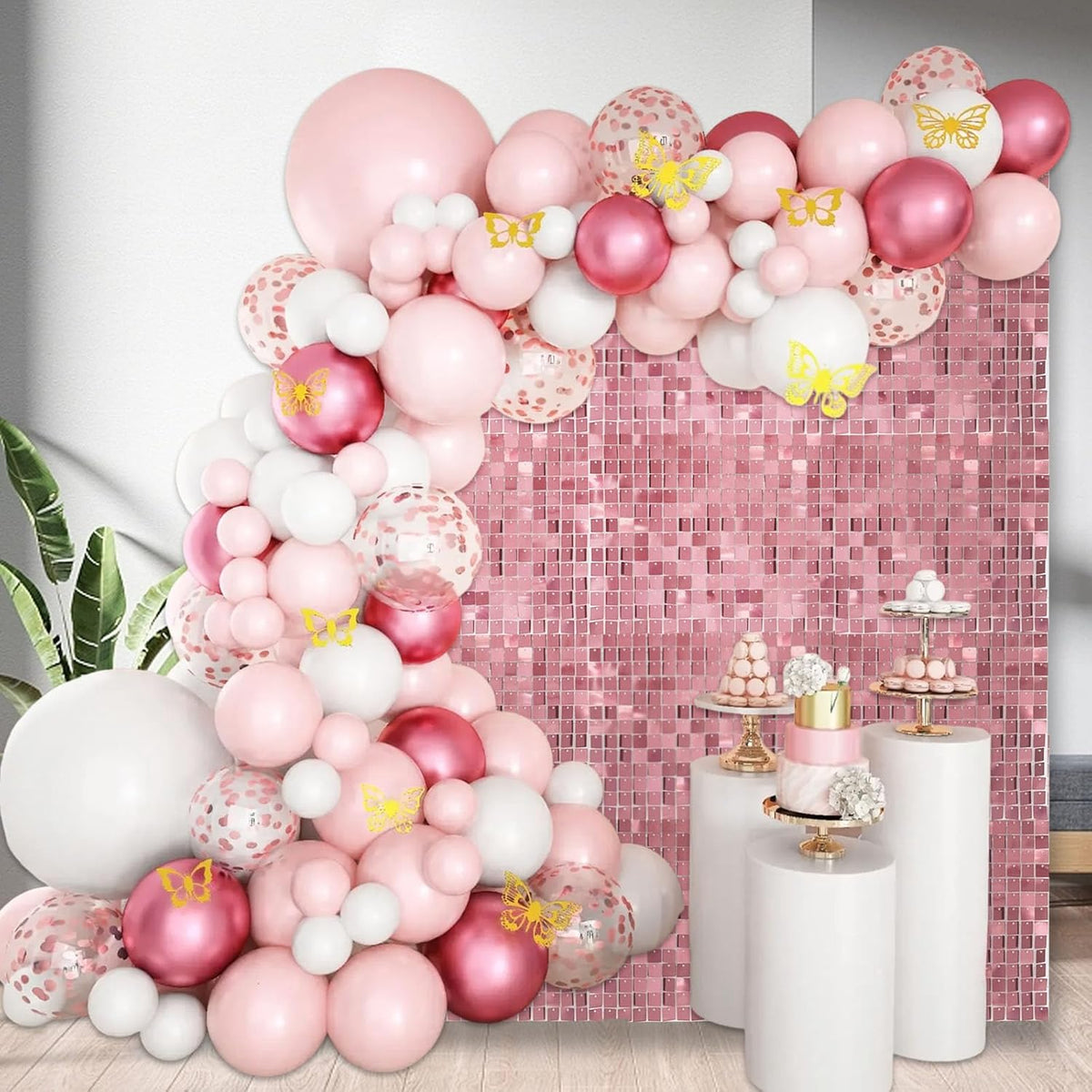12PCS Pink Shimmer Wall Backdrop, Square Sequin Photo Backdrops Panel, Glitter Wall Background for