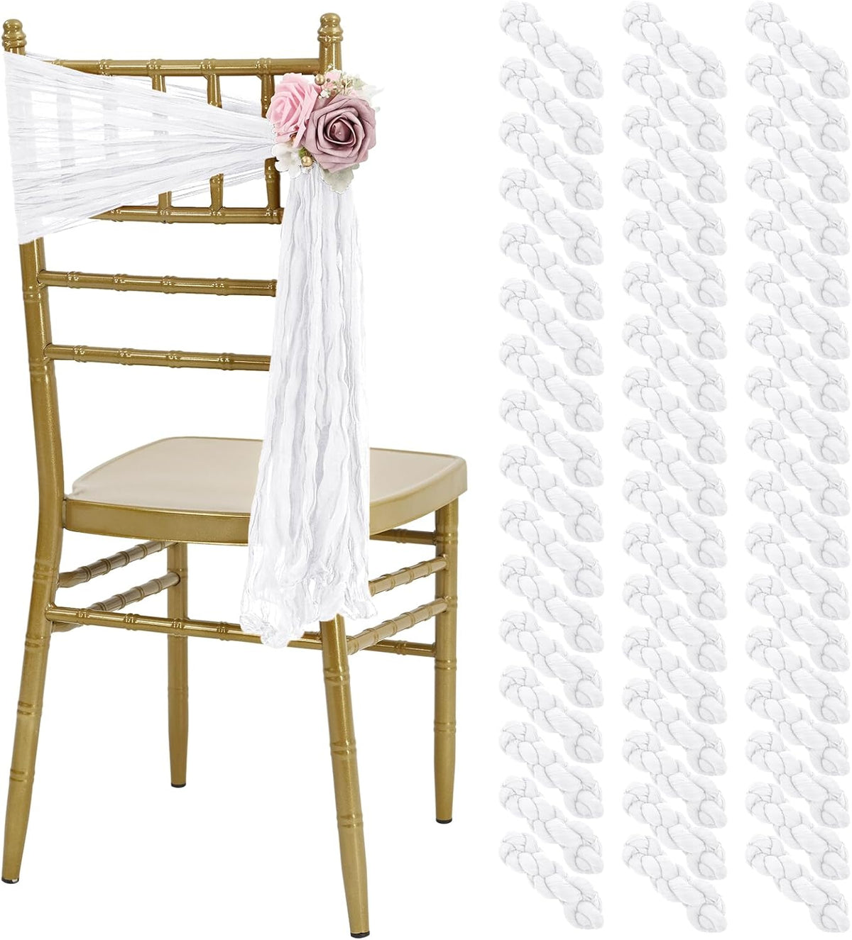 50 PCS Cheesecloth Chair Sashes, Bows Designed ChairSashes, 15.7x70 inch Chair Sashes for Aisle