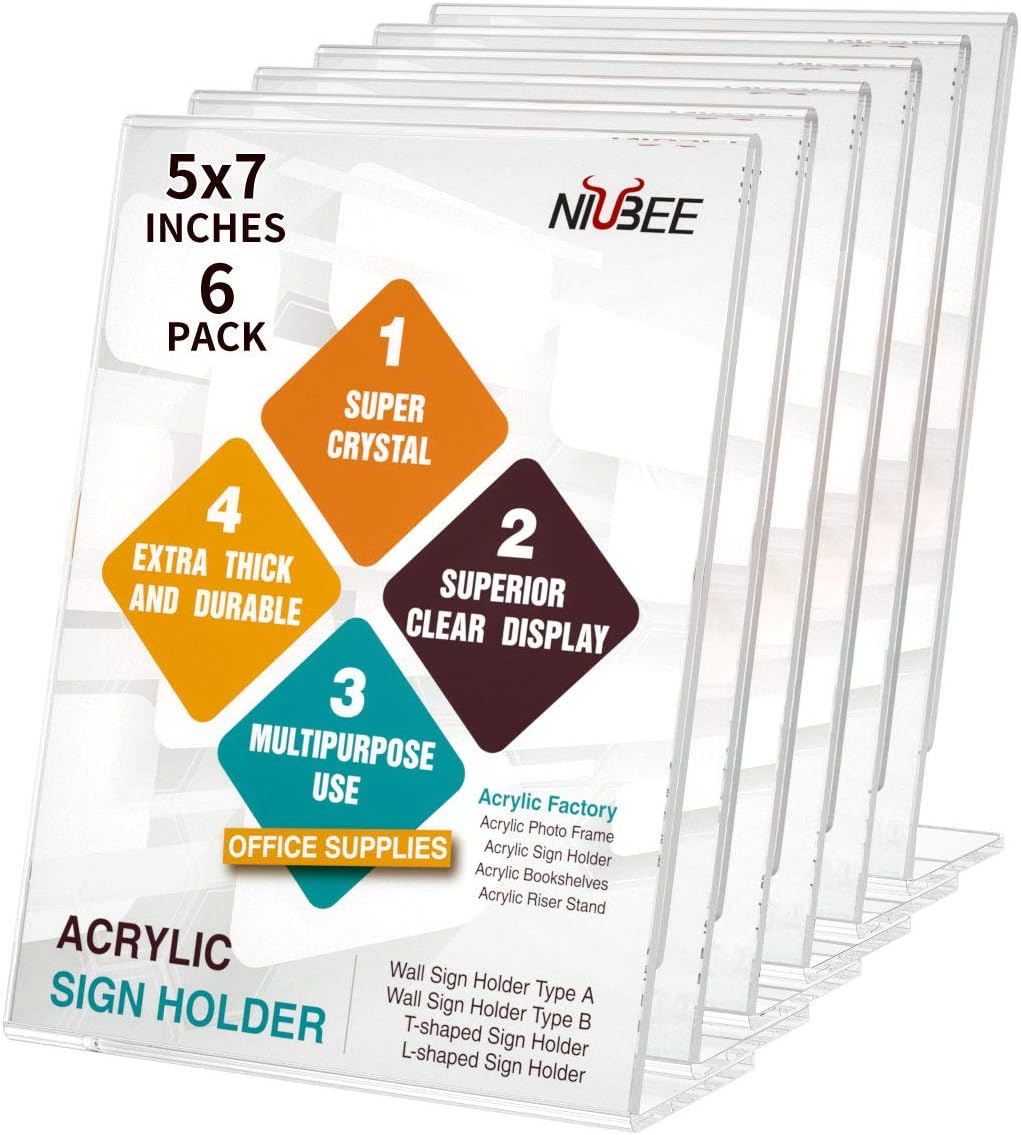NIUBEE 6Pack Slant Back Acrylic Sign Holder 5x7 inches, Clear Vertical Picture Frames Frames