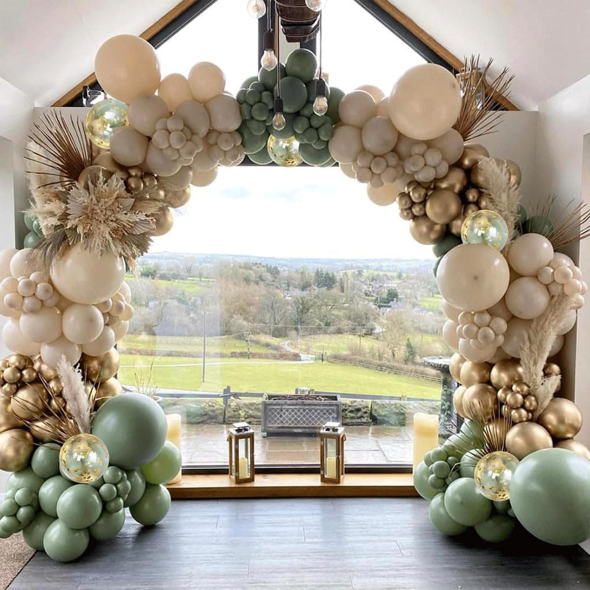 Sage Green White Sand Balloon Arch Kit, Green Beige Gold Metallic Balloons Garland Kit with Gold