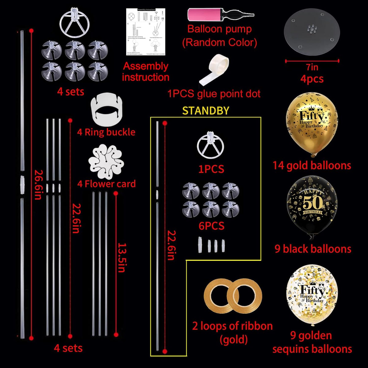 TONIFUL 4 Set Black Gold Balloon Stand Kit for Birthday Decorations for 50th,Balloon Centerpieces