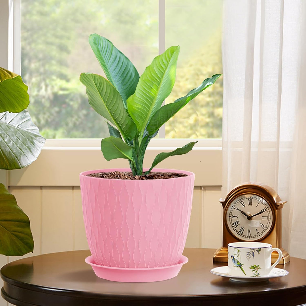 7 inch Plant Pots, 5 Pack Flower Pots with Drainage Holes and Saucers for Indoor Plants, Plastic