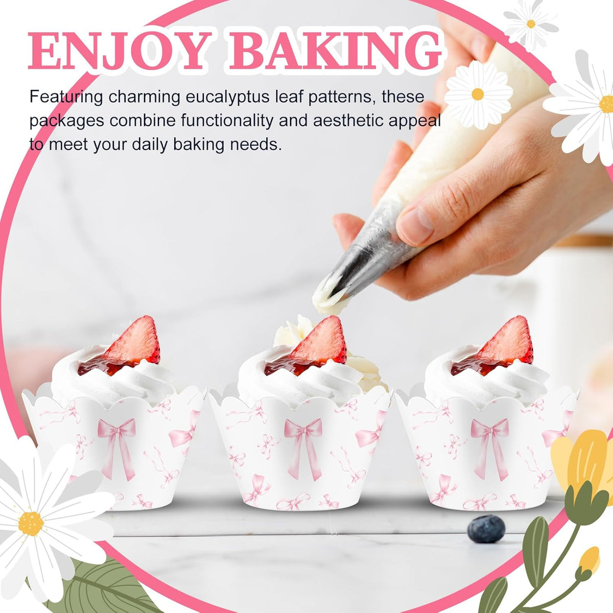 Domensi 100 Pcs Pink Bow Cupcake Wrappers Rustic Cupcake Liners Pink Baking Cups Baking Liners for