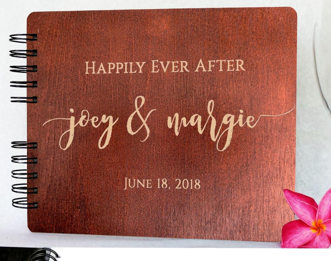 Wooden Wedding Guest Book (8.5"x 7" Mahogany Stain) Personalized Wood Rustic Charm Engraved for