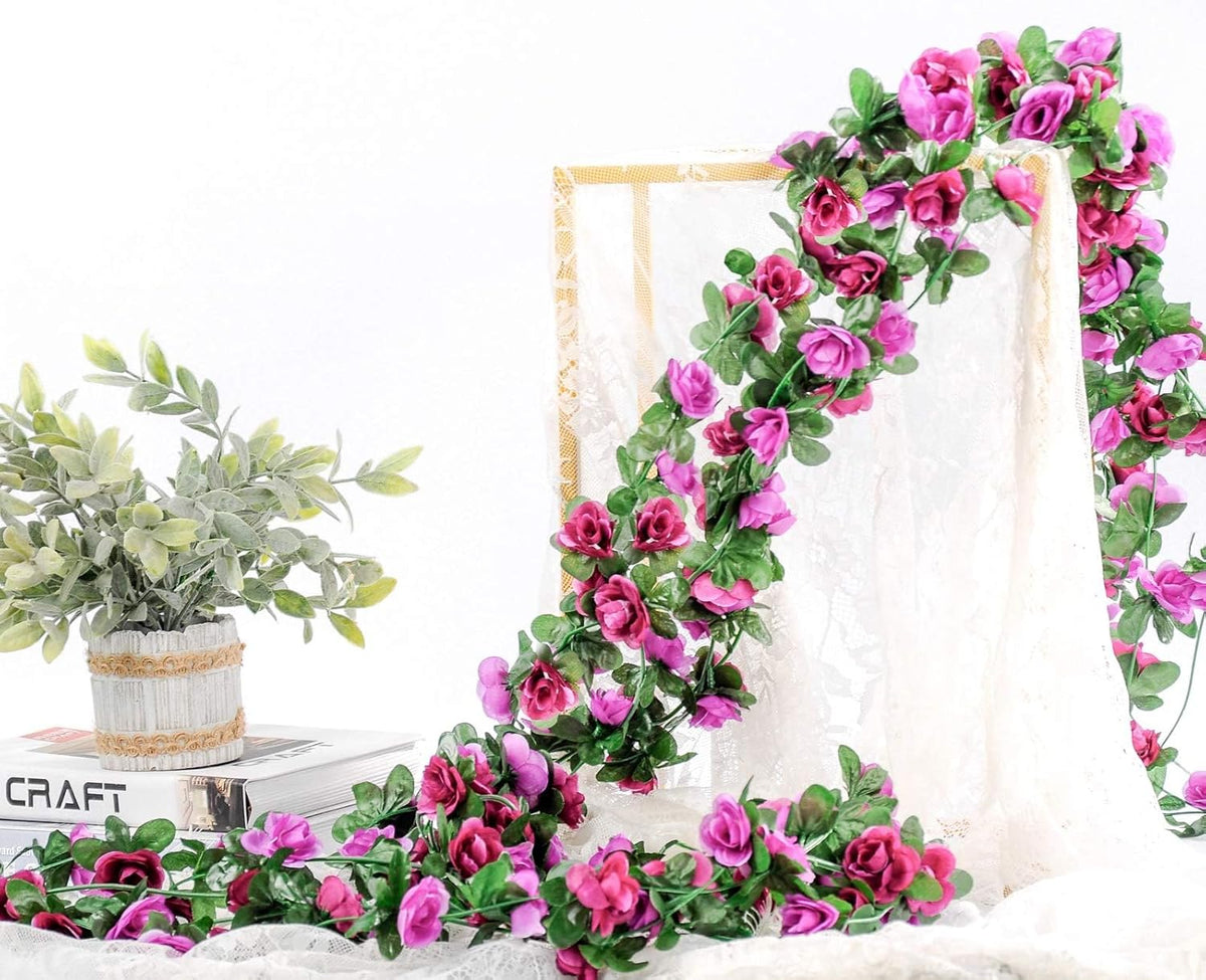 Miracliy 9Pcs 74FT Purple Flower Garland Artificial Rose Arch Vines Fake Spring Floral Garland for