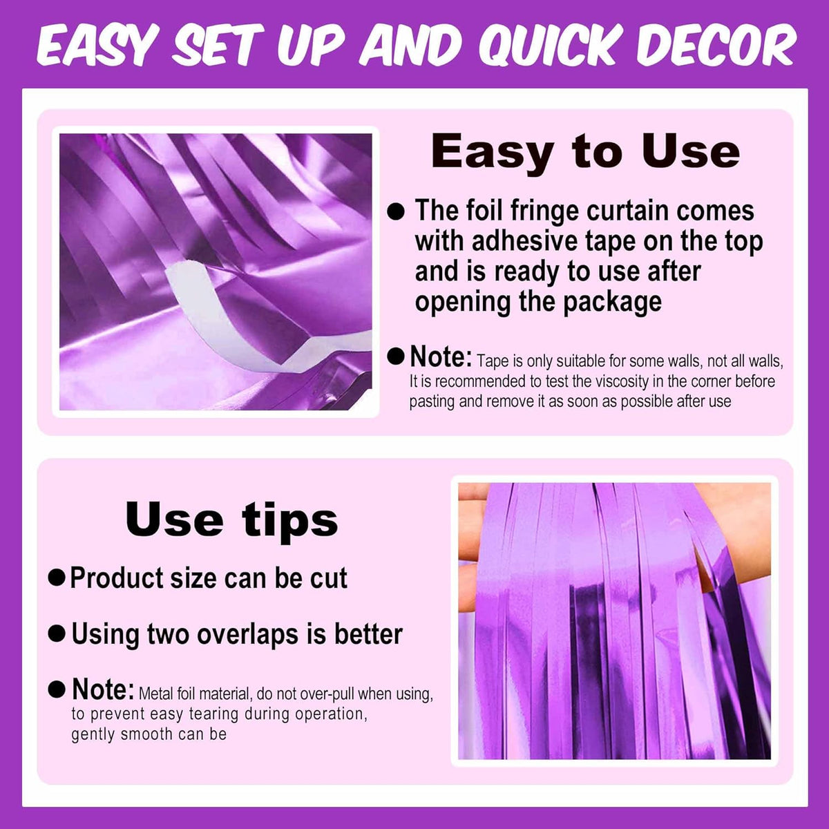 3 Pack Light Purple Foil Fringe Curtains Backdrop, 3.28 x 9.8 Ft Metallic Streamers Tinsel Curtains