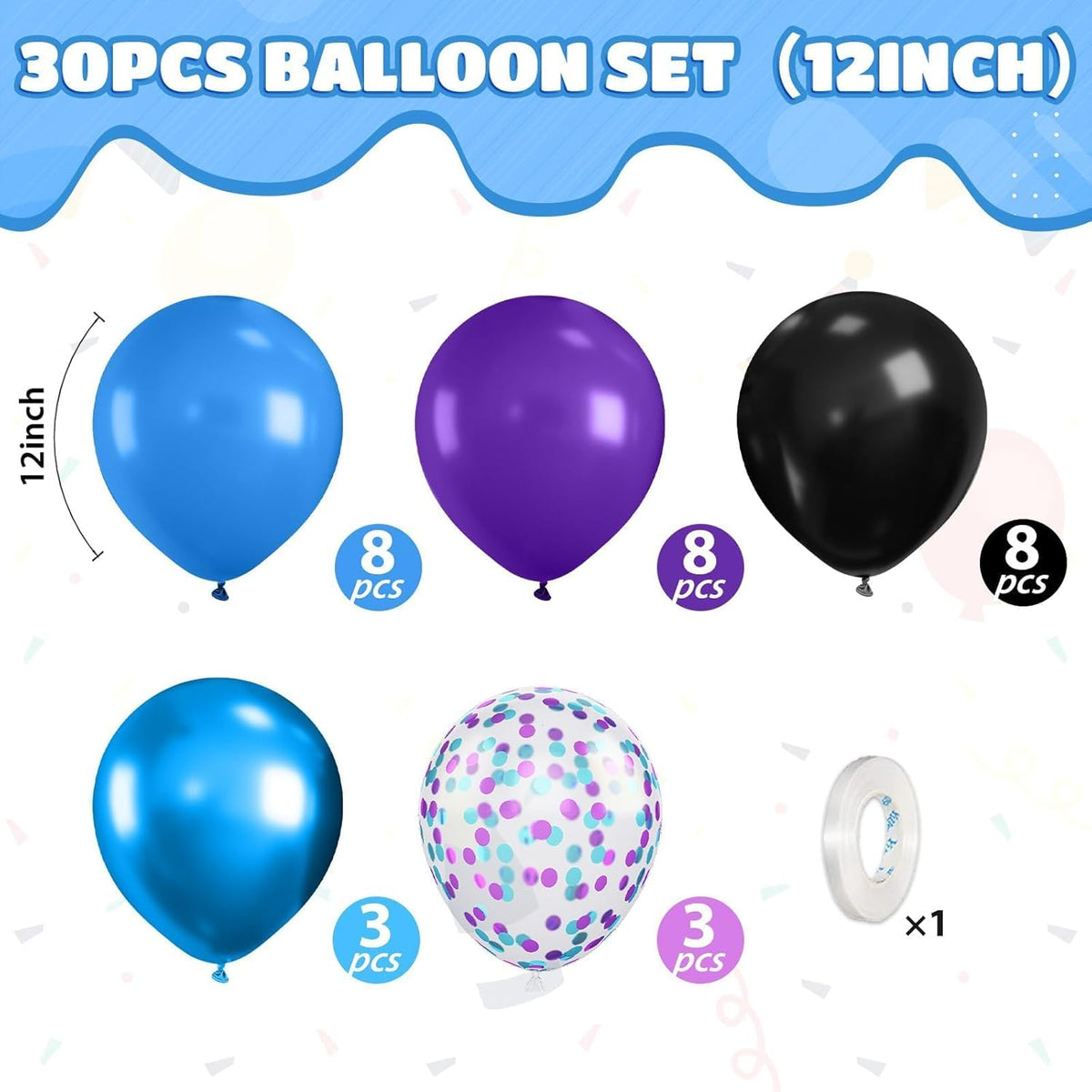Black Purple Blue Balloons, 12 Inch Metallic Blue Dark Purple Blue Black Confetti Balloons for Girl