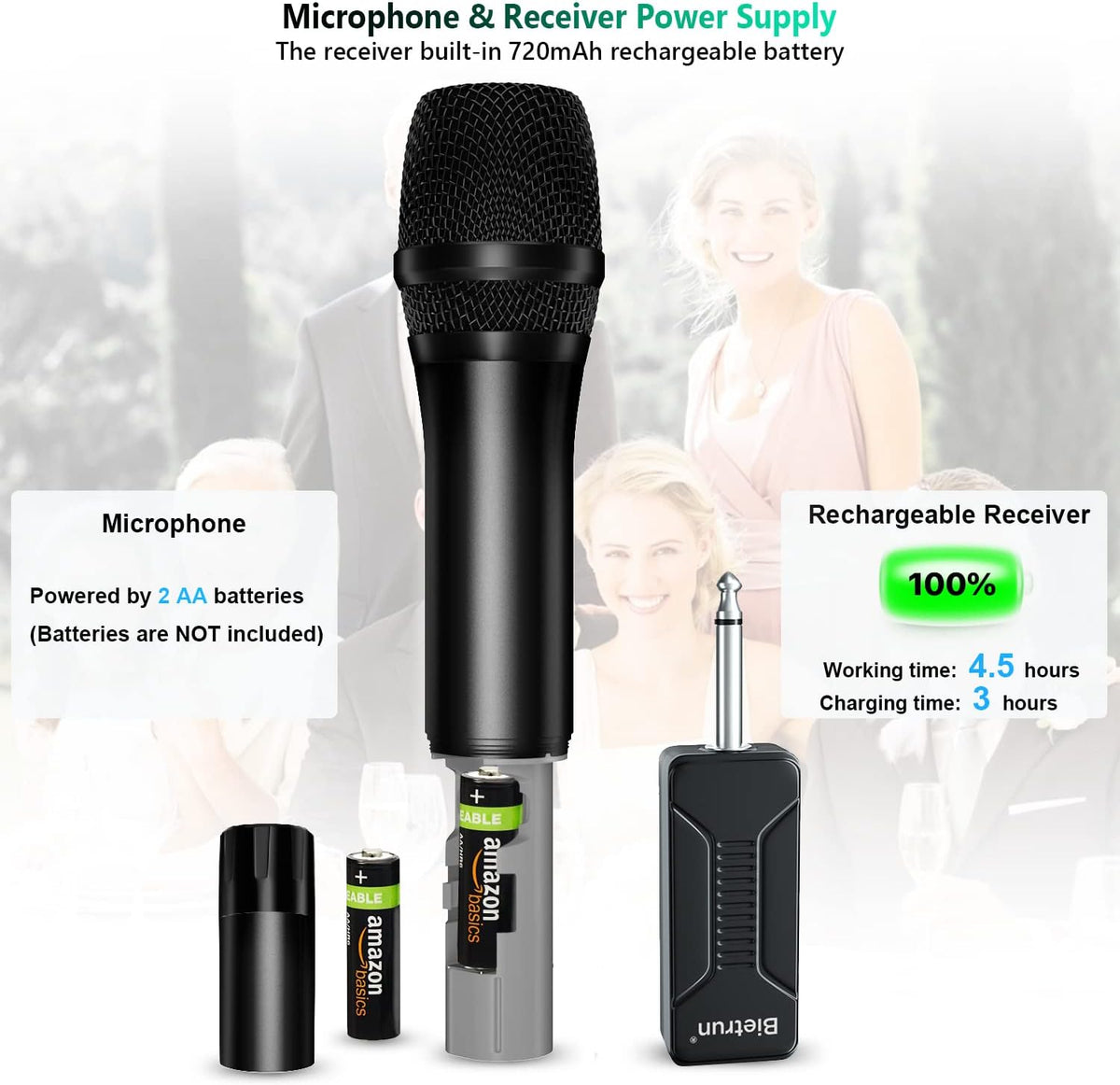 Bietrun Wireless Microphone Dynamic Mic System with Rechargeable Receiver, 1/4" Output, for