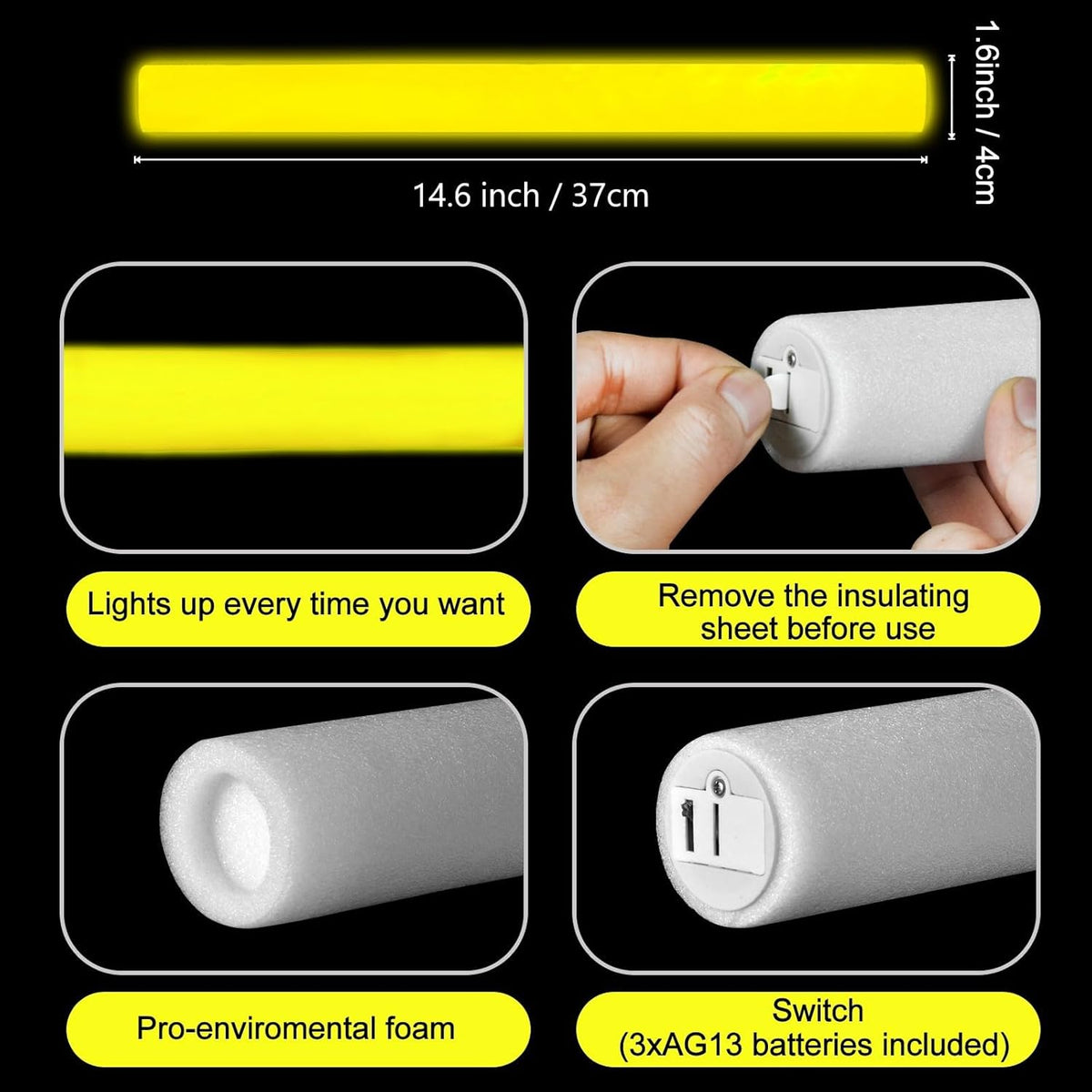 Glow Foam Sticks Bulk, 24 Pcs Yellow Giant LED Light Up Sticks 3 Modes Flashing Glowing Baton Wands