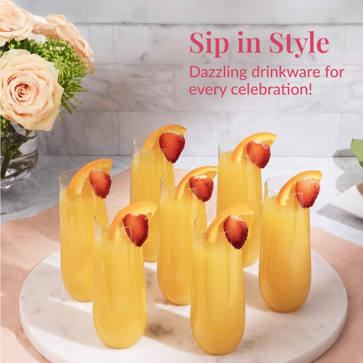 Prestee 24 Plastic Champagne Flutes - 9oz Heavy Duty Stemless Champagne Glasses for Parties