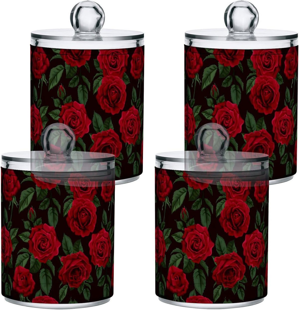 Gredecor Qtip Holder Dispenser 2 Pack Red Rose Flowers Leaves Bathroom Decorative Storage Canister